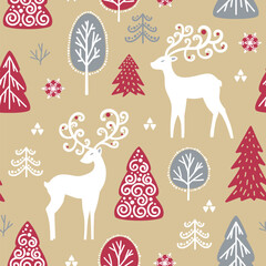 Christmas seamless pattern with deer, trees and handdrawn elements. Winter Forest background.  Perfect for textile, wallpaper or print design.
