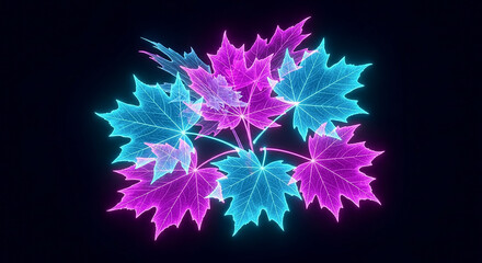 Neon Glowing Leaves in Vibrant Colors on Dark Background
