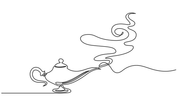 Magic lamp animation continuous one line drawing, single line of classic aladin's lamp vector. drawing one line isolated on white background, design of aladdin magic teapot. full length animation 4k.