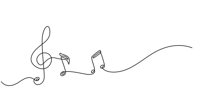 Continuous drawing line art of music note symbol with black line and white background. One line, Treble clef of one continuous line drawing. Music key drawn in one line. 4K video animation with alpha.