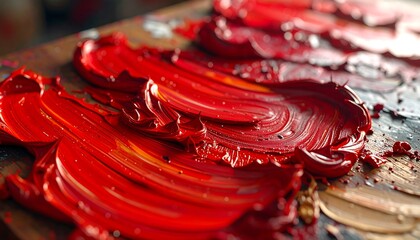 A close-up shot of thick, vibrant crimson paint smeared on a wooden surface