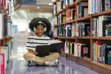 Young girl with headphones sitting on library floor, enjoying book between bookshelves in educational school.