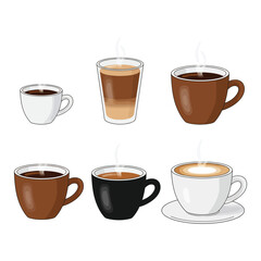 Assortment of steaming hot coffee drinks in various cups and glasses on a white background