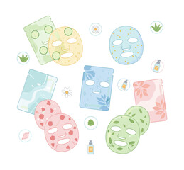 Various cosmetic facial sheet masks concept