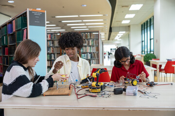 Group of students collaborating on electronics and robotics project in library school