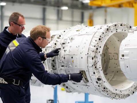 Engineers examining a prototype for a new turbine design