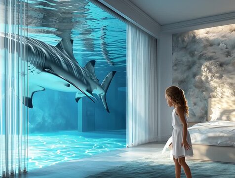 Girl in a room looking at a huge shark behind a glass