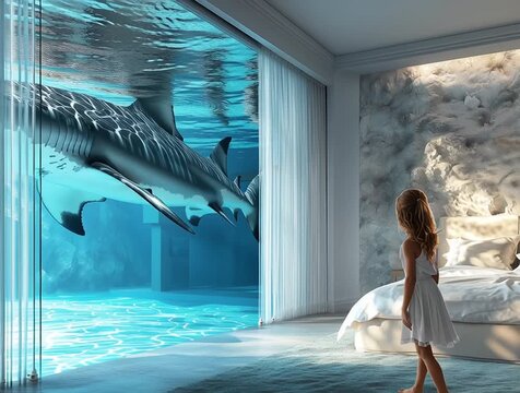 Girl in a room looking at a huge shark behind a glass