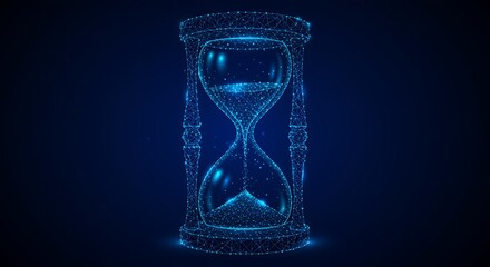 Digital hourglass made of glowing blue particles and lines