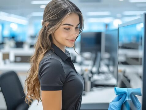 Mexican woman with blue microfibre cloth cleaning corporate office desk