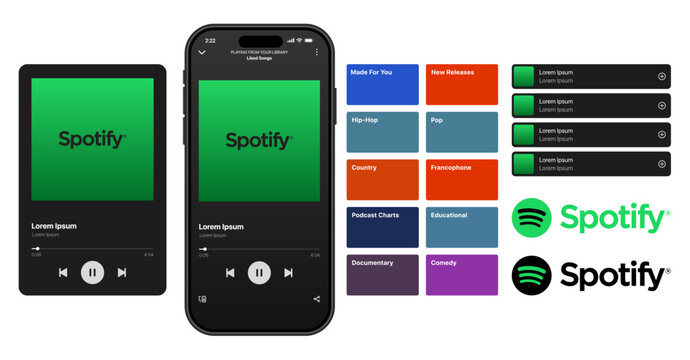 Spotify Music Player UI Mockup with playlists, albums, queue, playback bar, lyrics, liked songs, podcasts, search, recommendations, and minimal green-black modern streaming interface