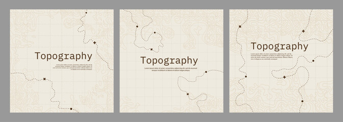 Fototapeta premium Vector illustration. Topographic concept. Set of minimal square banner. Retro graphic. Map with marks and trails. Line art pattern design. Design for web banner, blog post, social media template