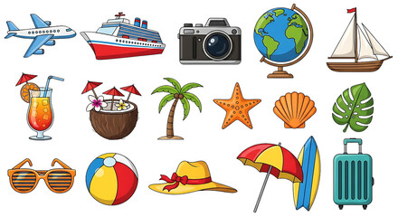 Summer vacation elements collage illustration with plane cruise ship drinks and beach accessories representing tropical travel and holiday fun