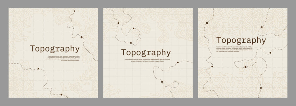 Vector illustration. Topographic concept. Set of minimal square banner. Retro graphic. Map with marks and trails. Line art pattern design. Design for web banner, blog post, social media template