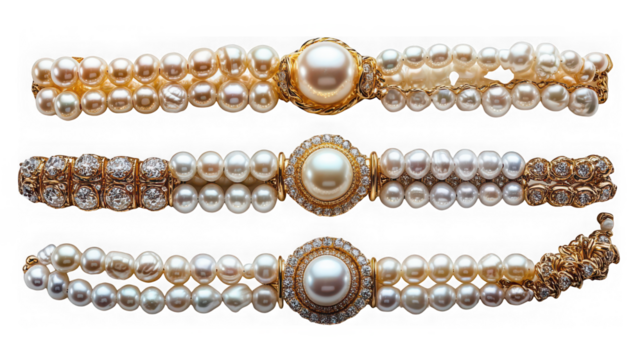 Three luxurious pearl necklaces with gold and diamond accents, elegantly displayed isolated on transparent background