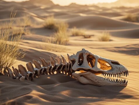 Large bones of dinosaure sticking out of desert dunes
