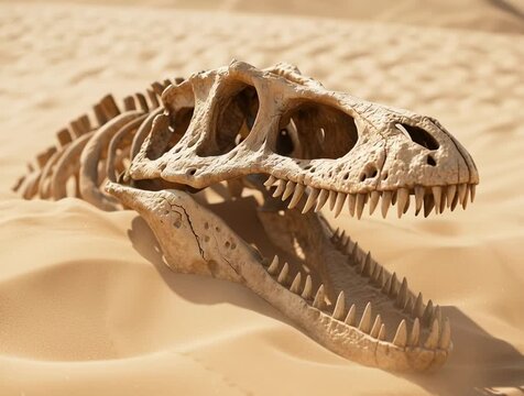 Large bones of dinosaure sticking out of desert dunes