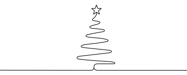 Continuous line drawing of a Christmas tree with a star on top. Festive pine tree and gift box in a simple line style. Vector illustration.