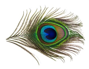 Obraz premium A close-up studio shot of a vibrant, iridescent peacock feather against a stark white background