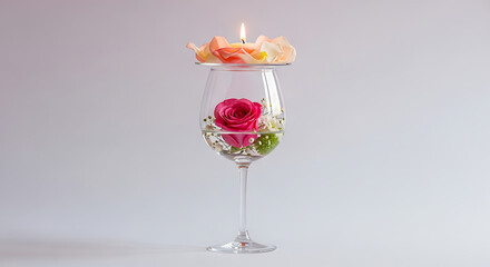 Obraz premium A single lit candle with flower petals on top, placed inside a wine glass with a pink rose and small white flowers, isolated on white background