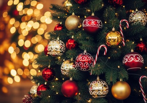 Festive christmas tree decorations with warm bokeh lights for holiday cheer illustration
