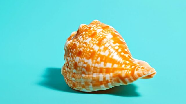 Vibrant orange and white conch shell rests on a calming aqua blue ocean background