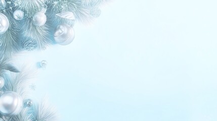Elegant Blue Christmas Background with White Pine Branches and Silver Ornaments