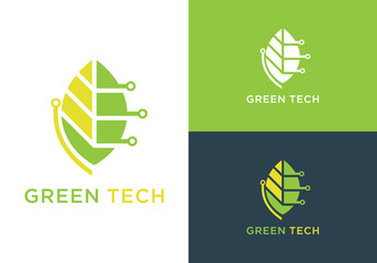 green technology logo design template, green technology leaf design logo, eco-friendly green growth technology vector design
