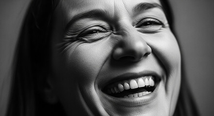 Close-up of a woman smiling, black and white portrait
