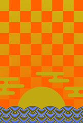 年賀状の背景素材　和風グラフィック　初日の出（1）　オレンジと青　タテ