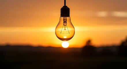 Light bulb glowing at sunset, symbolizing ideas and inspiration