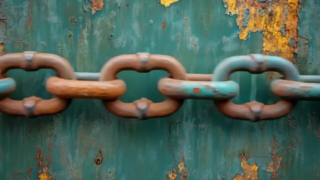 Rusty chain links on a weathered green rusty metal background showcase industrial texture and detail