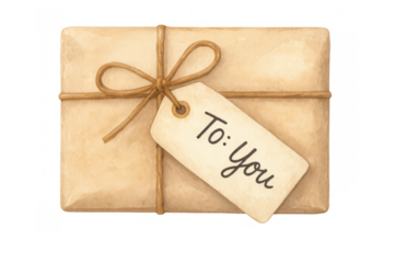 Gift box wrapped in brown paper with twine and a to: you tag, watercolor illustration on transparent background