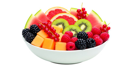 Healthy mixed fruit bowl filled with fresh berries melon kiwi grapefruit and watermelon creating a vibrant and colorful assortment on a clean background