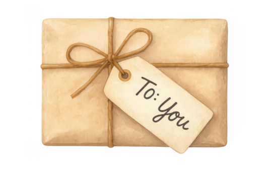 Gift box wrapped in brown paper with twine and a to: you tag, watercolor illustration on transparent background
