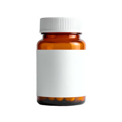 A brown glass pill bottle with a white lid and label, isolated on black
