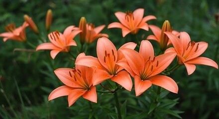 Fototapeta premium Cluster of vibrant orange lily flowers blooming in green foliage