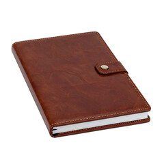 A brown leather-bound journal with a snap closure, resting against a black background