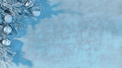 Stylish Blue Christmas Composition with Metallic Silver Ornaments and Pine Branches