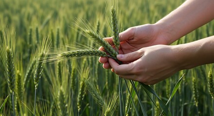 Obraz premium Hands holding green wheat ears in a field, examining crop growth