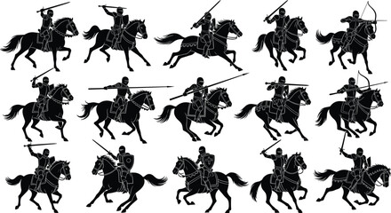 Medieval knight cavalry silhouettes collection, armored horsemen with swords spears and bows vector illustration, historical battle scene artwork, ancient warriors design, 