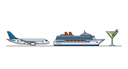 Iconic modes of travel depicting an airplane a cruise ship and a martini against a black backdrop for a stylish and elegant design