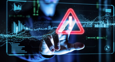 Cybersecurity expert points to a digital warning sign on a futuristic interface displaying data charts and network connections, symbolizing online threat detection and security breach alerts