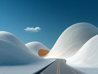 a surreal, futuristic landscape with smooth, undulating white waves under a clear blue sky. A modern, minimalist structure with geometric shapes is partially visible in the foreground.
