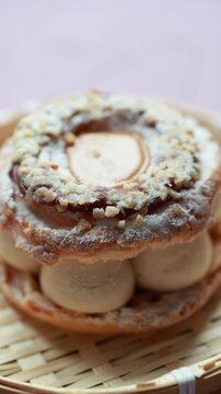 Close-Up of Pistachio and Pumpkin Christmas Paris-Brest Dessert