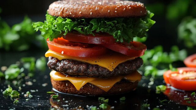 Juicy cheeseburger stacked with fresh lettuce, tomatoes, and savory beef patty on a rustic tabletop