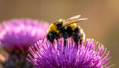 A close-up view of a bumblebee on a bright purple flower in natural light