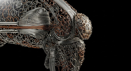 Abstract wire sculpture close-up, artistic design in metallic colors
