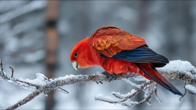 Vibrant bird perched on snowy branch in a winter environment