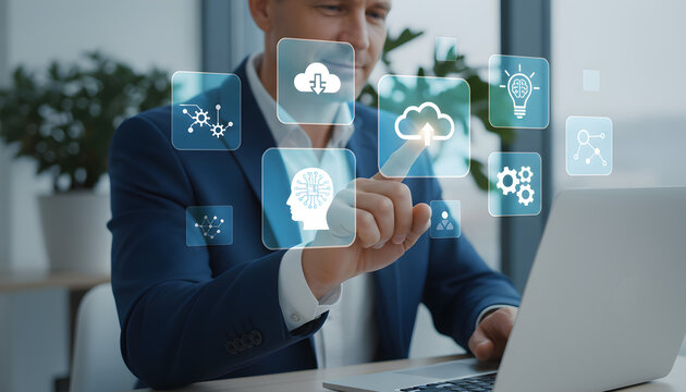 technology-driven decision making with business icons and digital tools